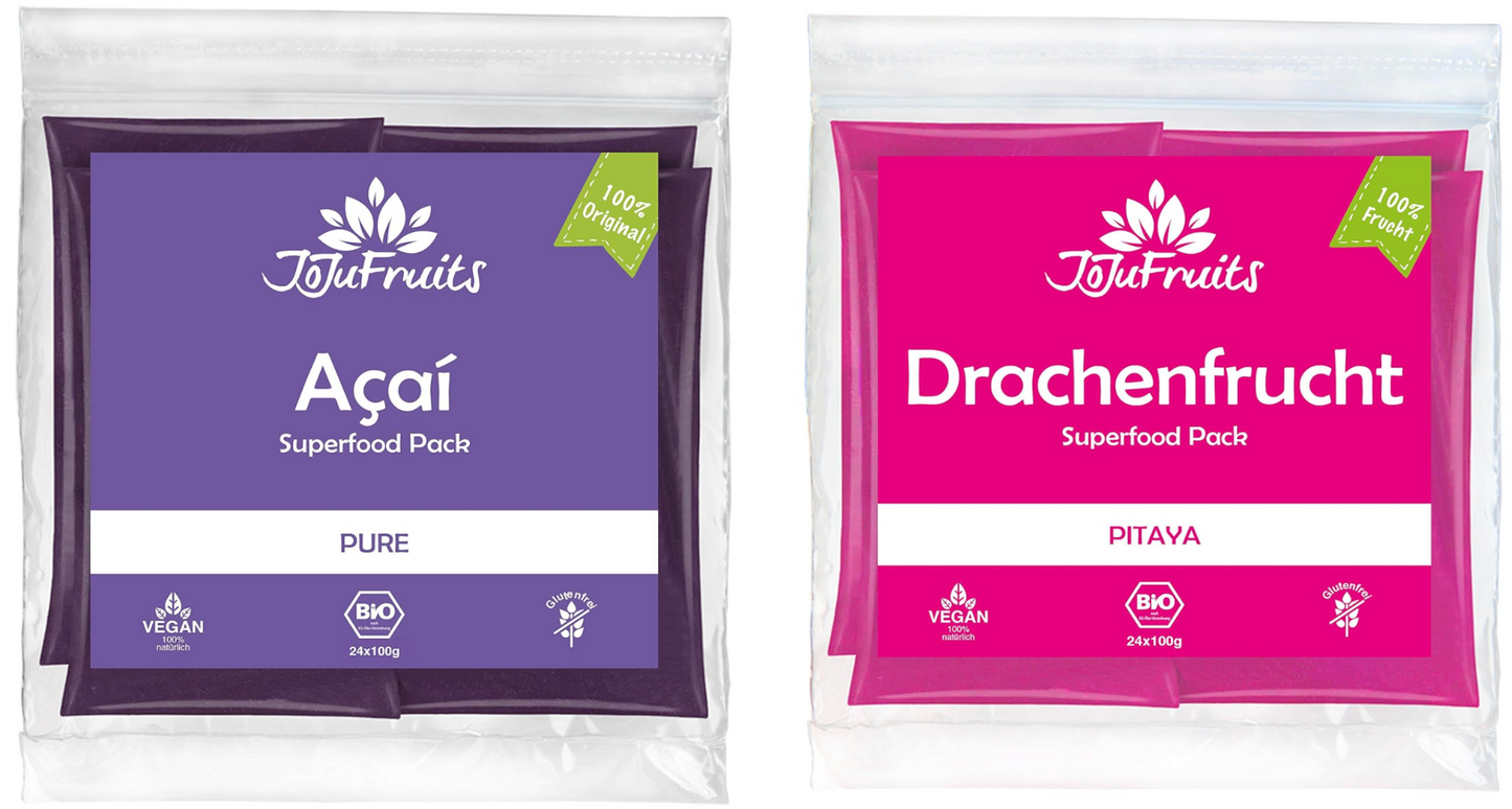 Bio Acai & Bio Drachenfrucht Püree Bundle - gefrorene Smoothie Packs aus Acai Beeren und Pitaya für Großkunden 200 Packs à 100g (20kg) - Versandkostenfrei!